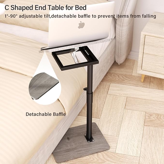 YUHFERA Sofa Armrest Tray Table for Couch - 360° Swivel Height Adjustable End for Small Spaces, Snack Side Table for Bed or Chair with Phone & Tablet Slot (Gray,Angle Adjustable)