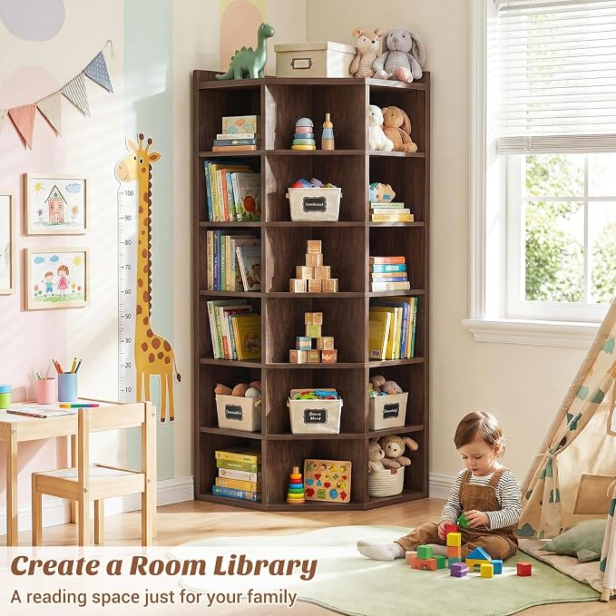 Aheaplus 7-Tier Wooden Corner Cube Bookshelf, Corner Storage Cabinet with 18 Cubes, Corner Cube Organizer Display Shelf with Top Table, Modern L Shaped Cubby Bookcase for Home Office, Black Walnut