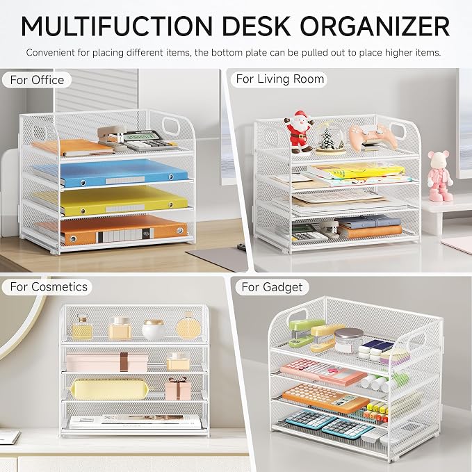 Lavatino Paper Organizer for Desk, 4-Tier Desk Organizer Tray, Mesh Desktop File Organizers with Handle, Office Classroom Organization and Storage-White