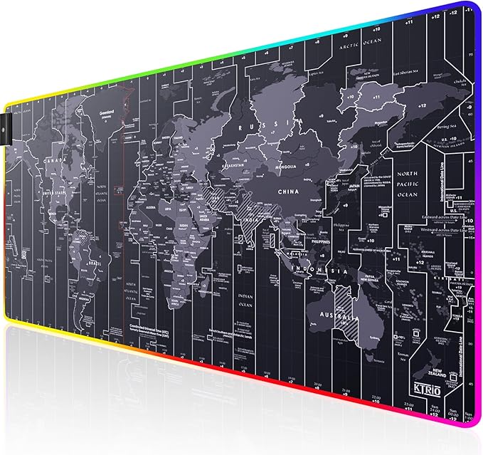 KTRIO RGB Large Gaming Mouse Pad, 31.5 x 15.7 in, RGB World Map, XXL | Smooth Micro-Weave Surface, RGB Lighting Design, Non-Slip Rubber Base, Durable Stitched Edges, Office & Home Use