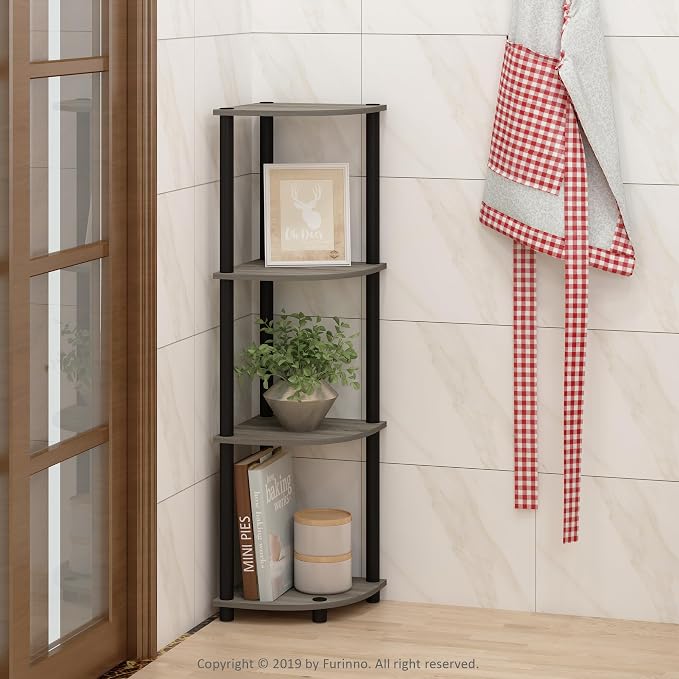 Furinno Turn-N-Tube Toolless Assembly 4-Tier Corner Shelf, Grey Corner Book Shelf, Open Shelves Bookshelf, for Organization and Storage, Living Room, Home Office, Bedroom, Grey Oak