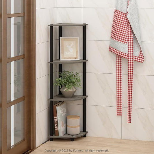 Furinno Turn-N-Tube Toolless Assembly 4-Tier Corner Shelf, Grey Corner Book Shelf, Open Shelves Bookshelf, for Organization and Storage, Living Room, Home Office, Bedroom, Grey Oak
