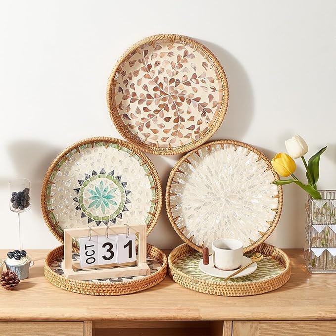 Kmelep Round Rattan Tray with Mother of Pearl Inlay, Rattan Serving Tray with Wooden Base, Decorative Wicker Basket for Table Decor, Storage and Display of Coffee Bread Food Fruit (Bohemia)