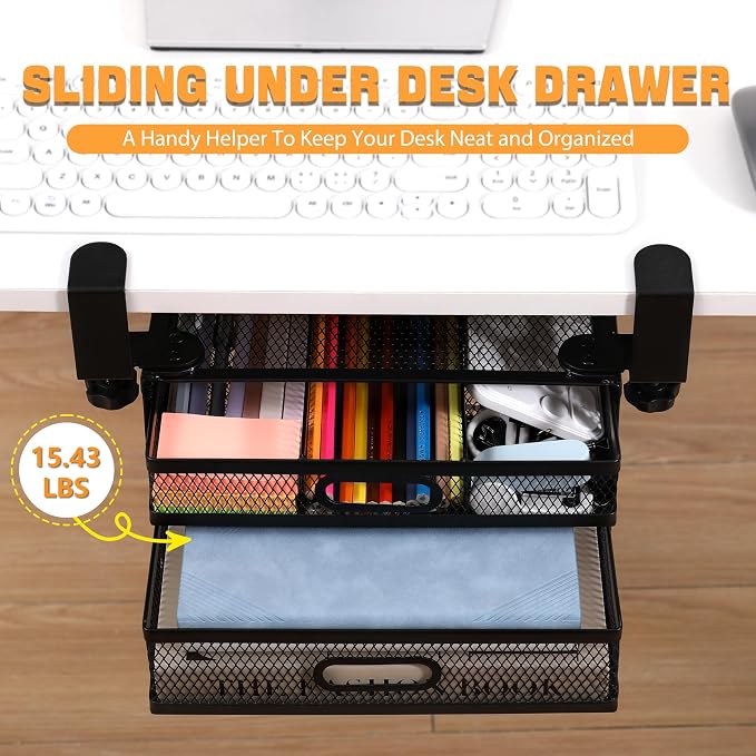 Sliding Under Desk Drawer Organizer No Drilling 2 Drawers Slide Out Desktop Or Under Table Storage Metal Clamp On Desk Drawer Attachment Anti-Slip Small Under Desk Organizer for Home & Office