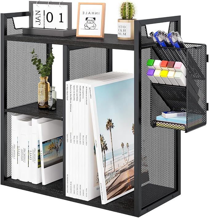 PAG Desktop Shelf Freestanding Bookshelf with Pencil Holder, Office Supplies Organizers and Accessories Storage Display Rack, Black