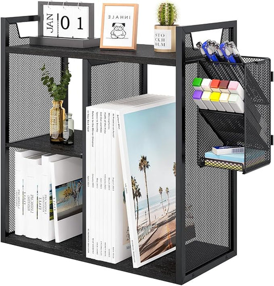 PAG Desktop Shelf Freestanding Bookshelf with Pencil Holder, Office Supplies Organizers and Accessories Storage Display Rack, Black