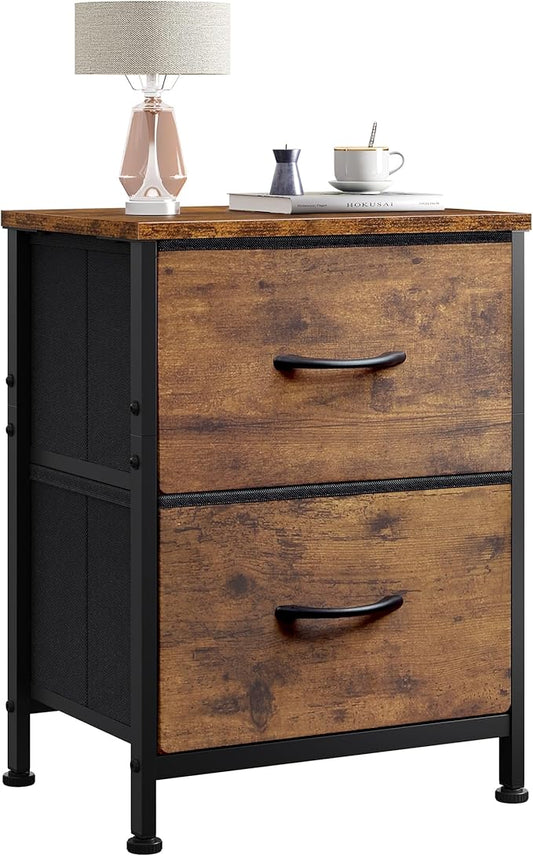 WLIVE Night Stand, Small Dresser with 2 Drawers & Wooden Top, Nightstand with Fabric Bins, Bedside Table End Table for Bedroom, Closet, Entryway, College Dorm, Rustic Brown