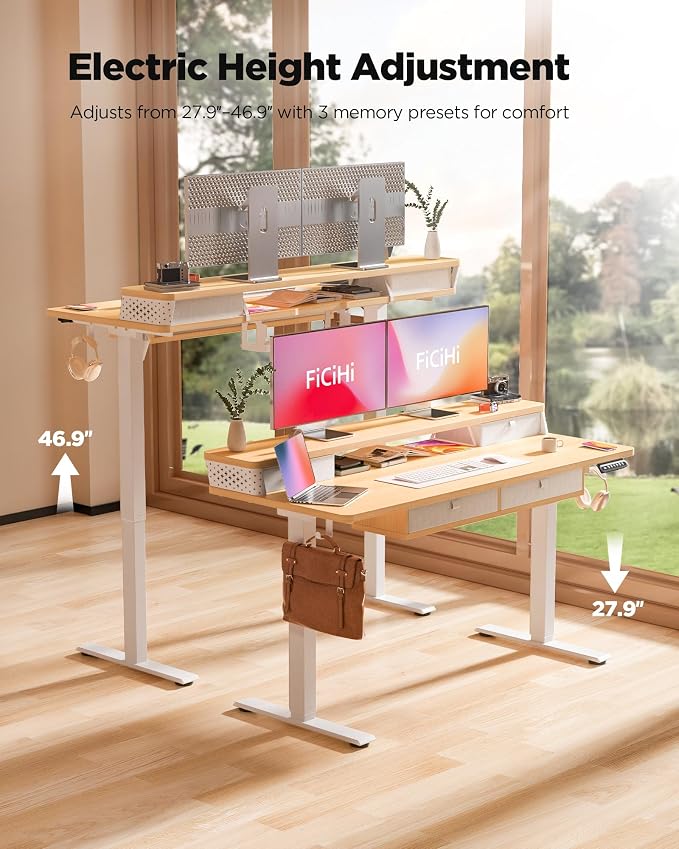 FiCiHi Electric Standing Desk with Four Drawers, 48 x 24 Inch Adjustable Height Sit Stand Desk, C-Clamp Compatible Home Office Desk with Storage Shelf & Monitor Stand Riser, Maple