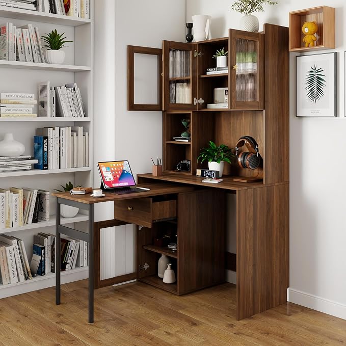 Computer Desk with Hutch and Rotating Desktop, Walnut Corner Study Desk with Glass Door Storage Cabinets and Fold Out Shelf for Home Office, Craft Cabinet with Fold Out Table (Walnut)