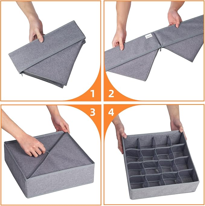 Criusia 6 Pack Large Drawer Organizer for Sock Underwear - Washable Heavy Duty Fabric Closet Organizers and Storage Bins - 90 Cells Dresser Organizer Divider for Baby Clothes, Ties, Belt (Grey)