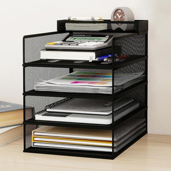 Natwind 4 Tier Stackable Paper Trays for Letter Documents, Desktop File Organizers for Office Supplies, Metal Mesh Desk Organizer，Office Organizer，Letter Trays for Home, Office, School，Black