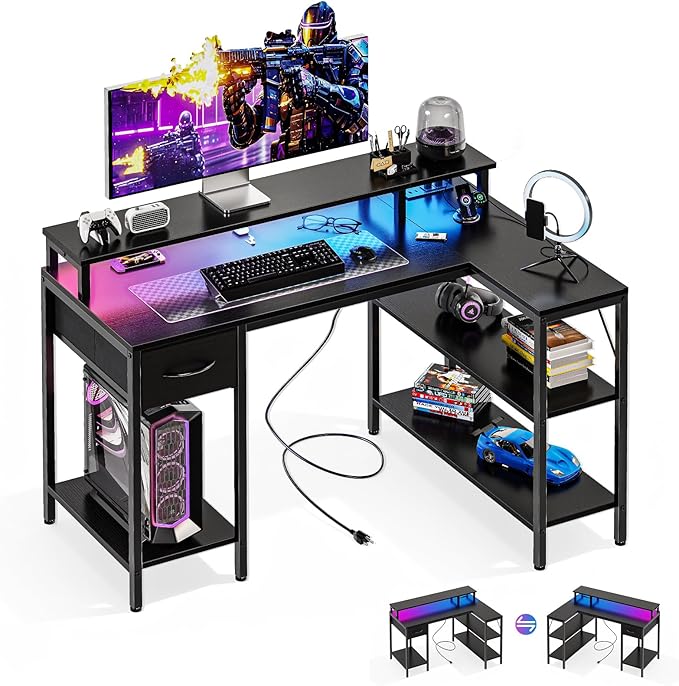DUMOS 47" Gaming Desk with USB Charging Ports & LED Lights, Reversible L-Shaped Corner Computer Table for Small Spaces, Power Outlets, Monitor Stand & Storage Shelves Included, Black