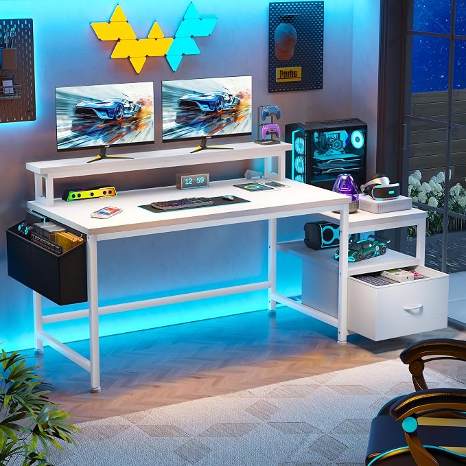 EnHomee 56.5" Office Desk with Drawers and Printer Space,Computer Desk with Power Outlets,Home Office Desks with File Drawers Cabinet,Study Writing and Gaming Desk with Shelves Monitor Stand,White