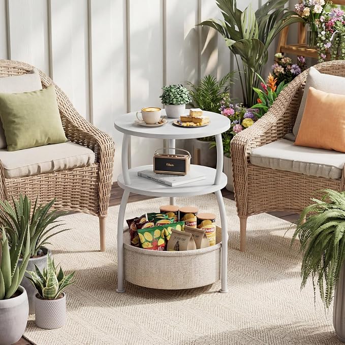 Round Side Table with Fabric Basket, Small Space Saving End Table 3-Tier Bedside Corner Table for Living Room, Bedroom, Garde Rustic Matte White 15.75in