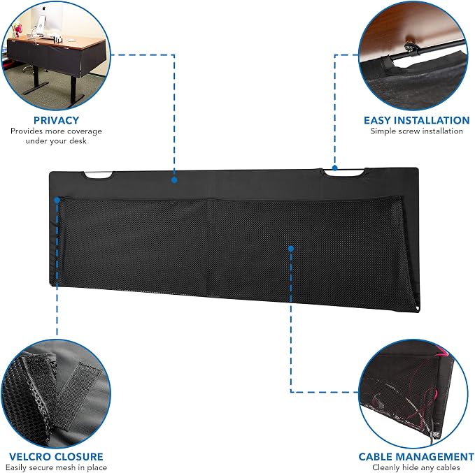 Mount-It! Under Desk Privacy Panel for Sit Stand Workstations [41 Inches Wide], with Cable Management and Organizer Pockets, Modesty Desk Skirt for Home and Office (Black)