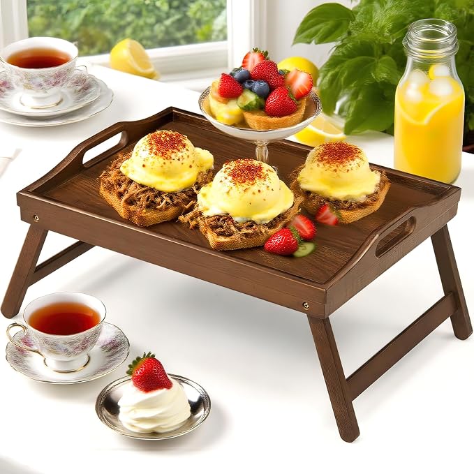 Bamboo Breakfast Tray Table with Folding Legs for Bed Table Sofa - Eating & Laptop Tray Bamboo with Folding Legs (Walnut)