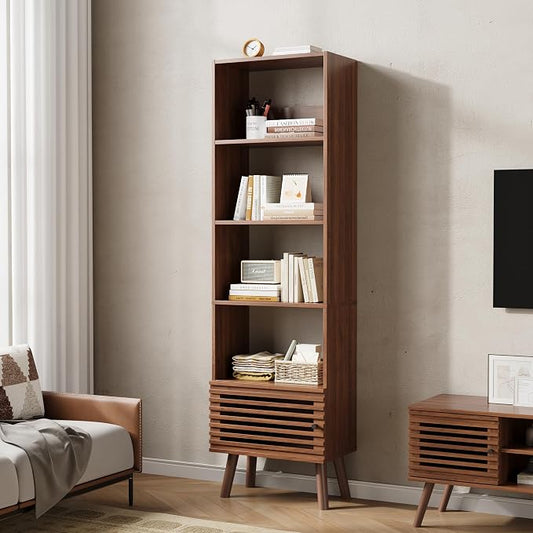 Furnify Open Shelf Cube Bookcase, 68" Tall Freestanding Bookshelf, Slatted Door Narrow Corner Bookcase with 5 Cubes, Mid-Century Modern Display Storage Cabinet for Living Room, Home Office, Walnut