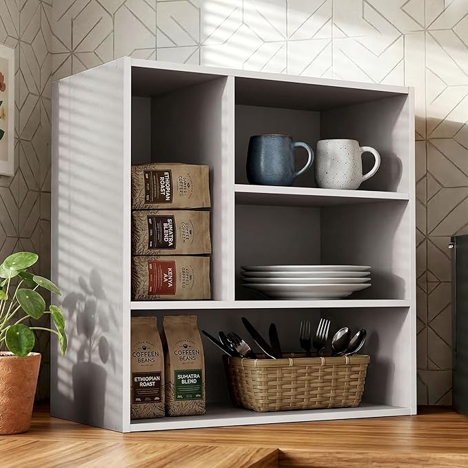 Homes: Inside + Out Apexa 4-Vertical Storage Organizer Shelves, Stackable Wood Bookcase for Organization, Dorm Teen Room Decor & Home Office, Taupe Grey