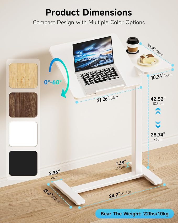 BZIUM Overbed Bedside Table with Hidden Wheels, Adjustable Medical Tilt Top Hospital Bed Table Over The Bed, Rolling Desk Mobile Standing Desk (31.5x15.8, White)