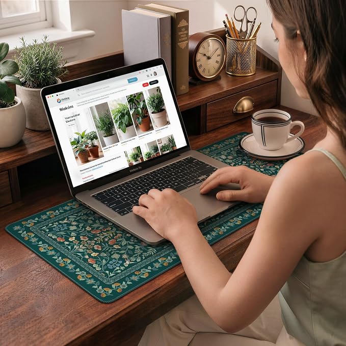 iCasso Aesthetic Floral Desk Mat, L Mouse Pads, Anti-Slip Retro Mousepad with Stitched Edges, Waterproof Computer Pad 11.8"x31.5", Desk Accessories Office Decor for Women(Deep Green)