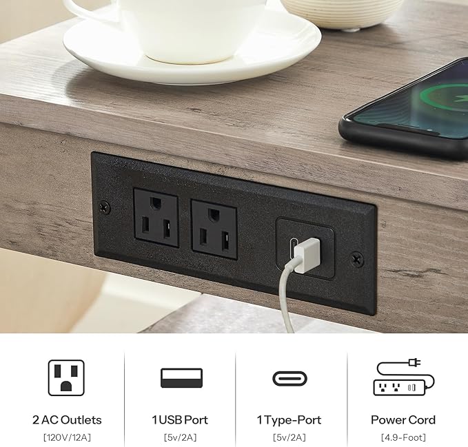 HOOBRO Side Tables Set of 2 with Charging Station and USB Port, Small End Tables for Small Space, 3-Tier Nightstands with Adjustable Shelf, for Living Room, Bedroom, Greige and Black BG112BZP201