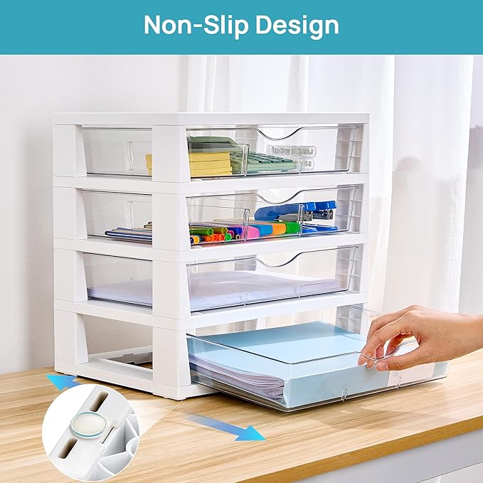 Vtopmart Clear Plastic Desk Organizer, 4-Tier Assemble Desktop File Organizer with Drawers, Office Desk Organization for Office Supplies
