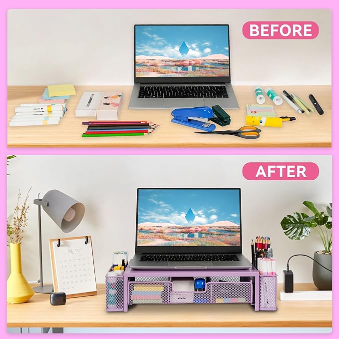 Qupui Computer Monitor Stand Riser with Drawer and Pen Holders, Desk Organizer Shelf and Accessories, Office Desk Accessories, Office Organization, Purple