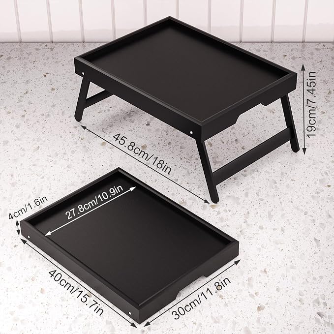 Fibogollo 4 Pack Bamboo Bed Tray Table with Folding Legs,Breakfast Trays,Serving Tray,Laptop Trays for Working,Food Snack Tray for Bed and Sofa(Black)