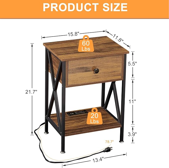 VECELO Nightstand, Bedside End Tables with Charging Station, USB Ports, Drawer Shelf, Night Stand for Bedroom Living Room 1-Pack, Brown