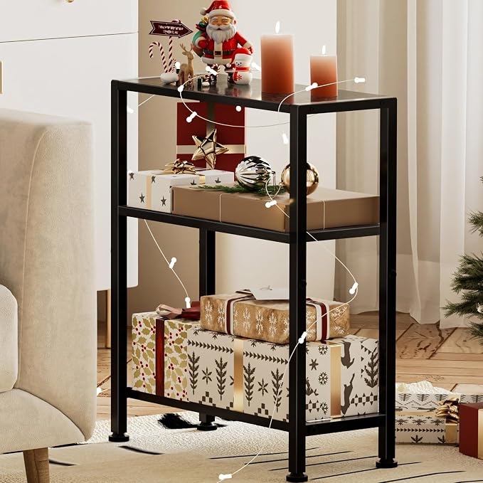 Narrow Side Table Set of 2 for Small Space, 2-Tier Small End Table with Shelf Holder, Slim Nightstand, Skinny Snack Couch Table in Living Room, Bedroom, Study, Kitchen and Balcony (Black)