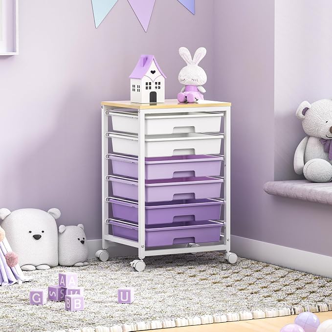 SYKIARIOL Rolling Cart with Drawers,Utility Cart with 6 Drawers,Rolling Storage Cart with Drawers and Wooden Tabletop & Lockable Wheel,Purple