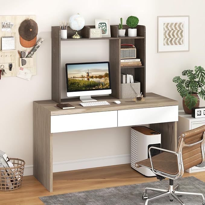 Desktop Bookshelf, 3-Tier Desk Organizer Shelves with 5 Display Rack, Countertop Storage Bookcase for Computer Desk, Desk Hutch Shelf for Top of Desk, Dorm, Home, Office (Grey)