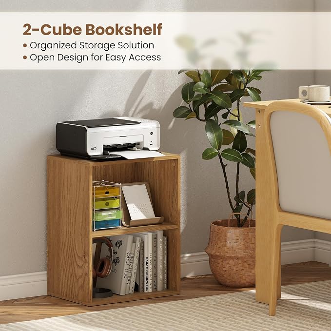 2 Cube Storage Organizer, 21" Small Bookcase with 5-Position Adjustable Panel, Under Desk Bookshelf, Modern Display Shelf, Wooden Cube Shelf for Home Office Bedroom (Natural)