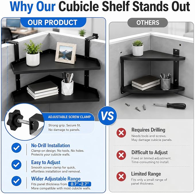 Office Cubicle Shelf, 17 Inch Floating Storage Organizer Rack, Knob Tension Mount No Drill Hanging Cubicle Shelf with Adjustable Hooks,Black 1 Pack