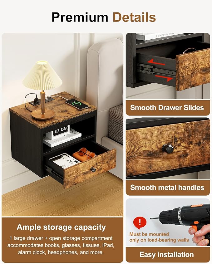 Floating Nightstand with Charging Station,Modern Bedside Table with Drawers and Extension Panel, Small Wall Mounted Nightstands for Bedroom Room，Floating Sofa Side Table（ Rustic Brown