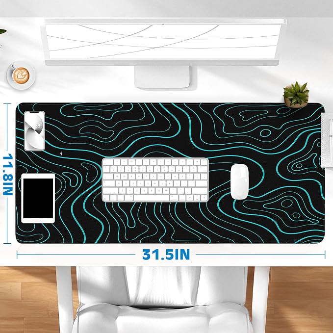 Gaming Desk Mat with Silky Smooth Surface & Exquisite Patterns,31.5x11.8 Inches Large-Sized Mouse Pad, Perfect for Extended Gaming,Work,and Home Office Decor (Blue Topographic Lines)