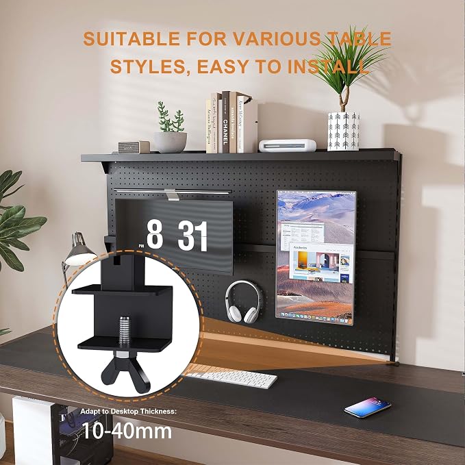Metal Pegboard Desk Organizer with Dual Monitor Stand, 59x35 Inch Clamp-On Privacy Panel, Carbon Steel Gaming Desk Wall Organizer with 3 Accessories, Black Office Desk Storage System