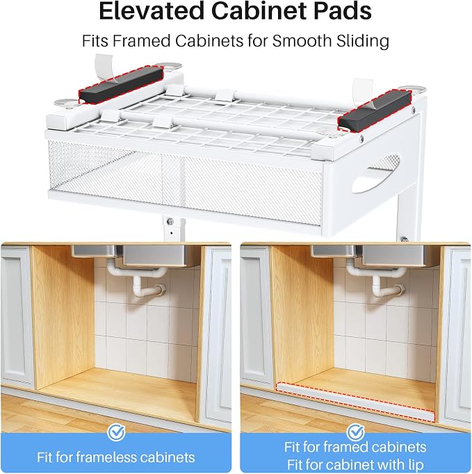 Under Sink Organizer, 2 Tier Pull Out Under Cabinet Organizer Shelf with Pad for Framed Cabinets, Metal Slide Out Under Sink Storage, Mesh Sliding Drawers for Kitchen Bathroom Laundry(White, 1 Pack)