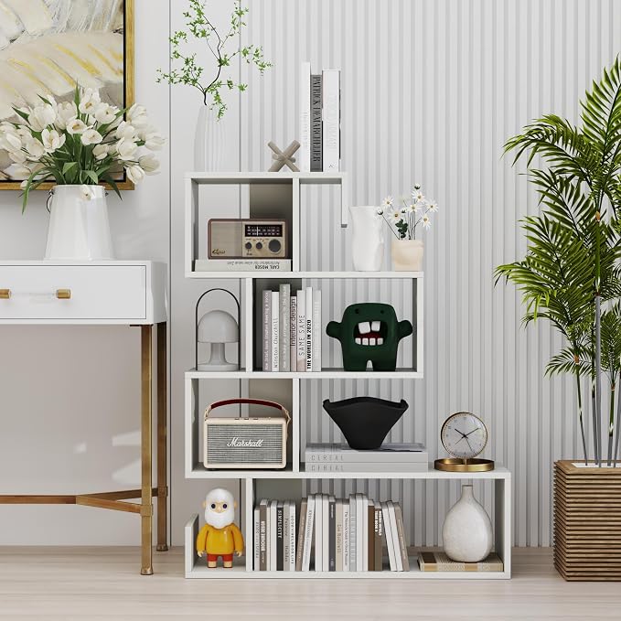 5 Tier Geometric Bookshelf, S-Shaped Z Shelf Bookshelves and Bookcases, Modern Decorative Storage Shelving, Wooden Display Bookcase for Living Room Home Office (White)