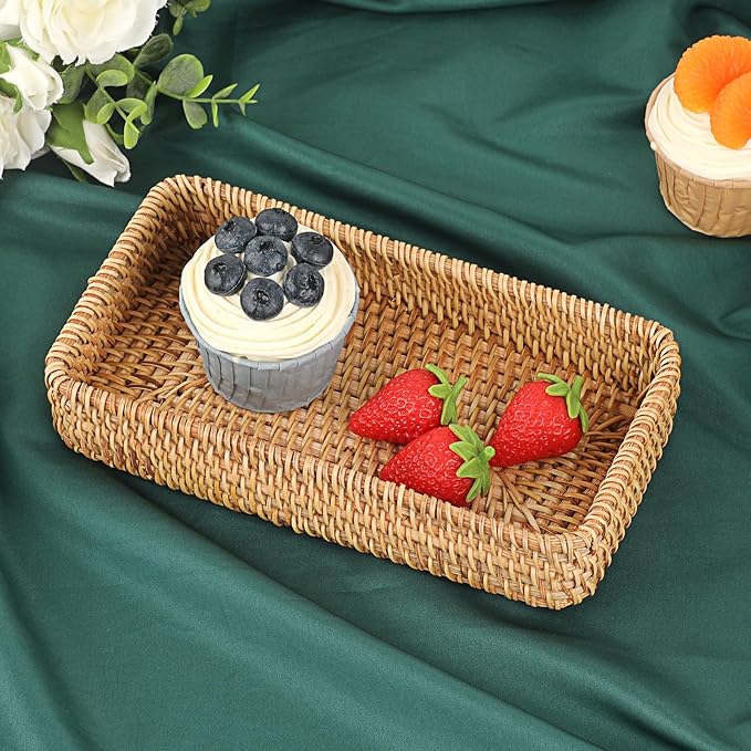 Hipiwe Key Basket for Entryway Table Natural Rattan Serving Tray Small Wicker Trays for Decor Fruit Bowl Decorative Baskets for Kitchen,Coffee Table