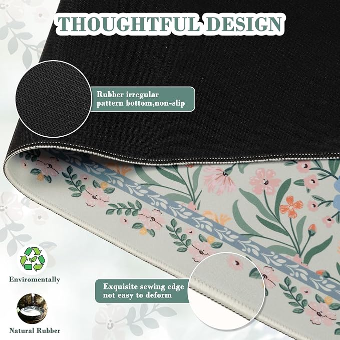 iCasso Aesthetic Floral Desk Mat, L Mouse Pads, Anti-Slip Mousepad with Stitched Edges, Waterproof Computer Pad 11.8"x31.5", Green Desk Accessories Office Decor for Women(Green Floral)