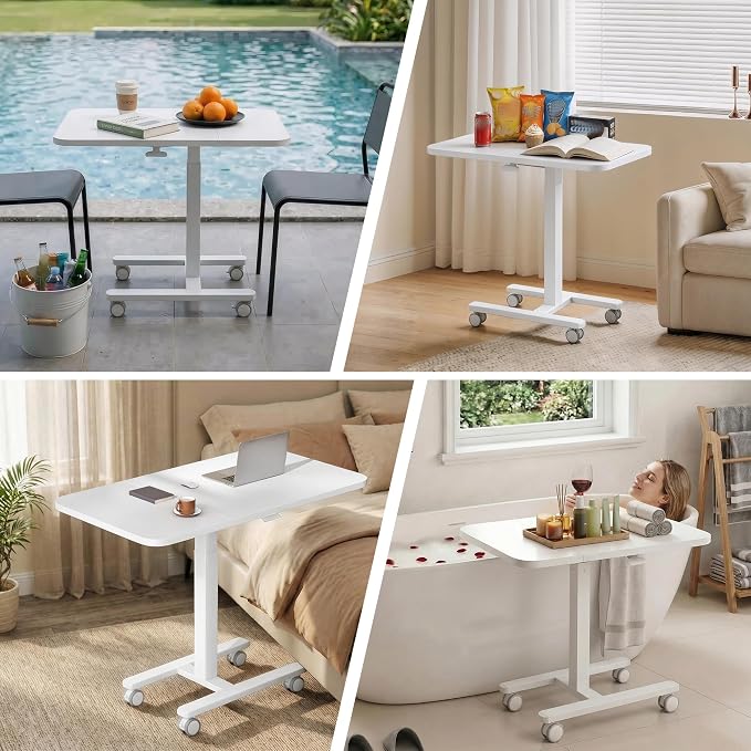 Homkdom C Shaped Table with Wheels, Side End Table with Extended Desktop, Adjustable Rolling Desk for Small Space, Dorm, Height Adjustment (29.5"-44"), White