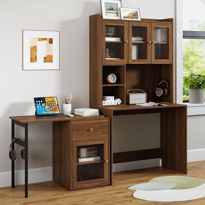 Computer Desk with Hutch and Rotating Desktop, Walnut Corner Study Desk with Glass Door Storage Cabinets and Fold Out Shelf for Home Office, Craft Cabinet with Fold Out Table (Walnut)