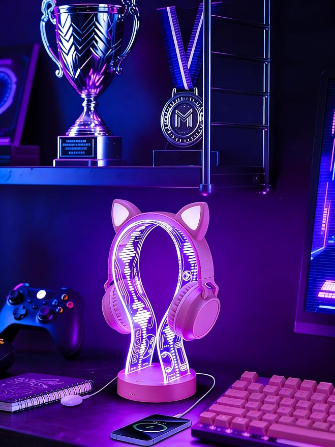 CoolGift Mart Light Up Headphone Stand with 16 Color Lights, Game Pattern Acrylic Headset Stand with 1 USB and 1 Type-C Charging Ports, Gifts for Girls Women Gamers and Music Lovers