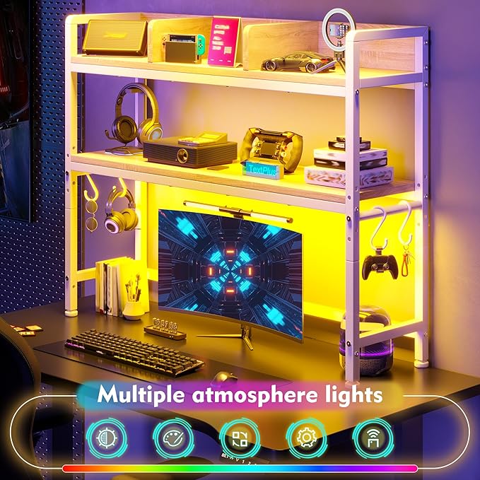 REIBII 35.5" Desk Shelf with LED Lights and Hooks,2-Tier Adjustable Multipurpose Solid Wood Desk Hutch Dorm,Desktop Organizer Rack with 3 Display Rack for Dorm,Office Home,White
