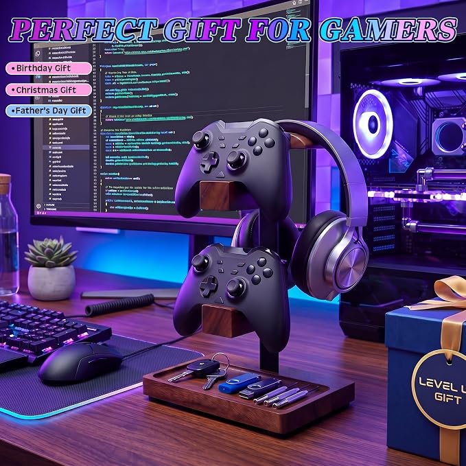 Headphone Stand with Controller Holder, Gaming Headset Stand for Desk, Walnut Headphone Holder Desk Organizer Gaming Accessories Gift for Gamers(Deep Walnut)
