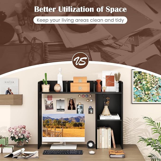 MAT EXPERT Desk Organizer, Wooden Desktop Shelf for 27 Inch Monitor with 5 Shelves & Non-Slip Foot Pads, Anti-Tipping Device, Multipurpose Desk Hutch for Study, Office, Dorm (Black)