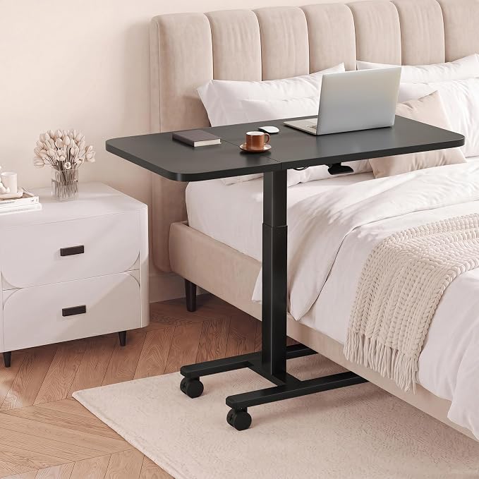 Homkdom C Shaped Table with Wheels, Side End Table with Extended Desktop, Adjustable Rolling Desk for Small Space, Dorm, Height Adjustment (29.5"-44"), Black