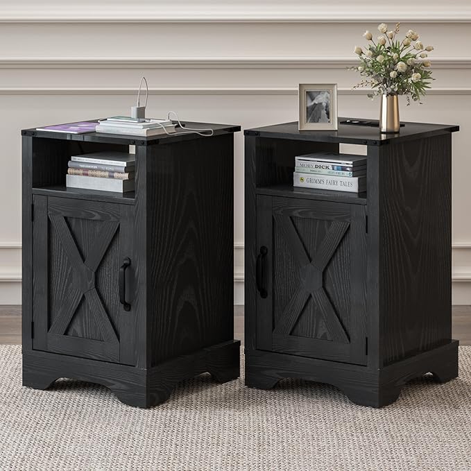 RoyalCraft 25" Tall Nightstand Set of 2, Farmhouse Nightstand with Charging Station, Large Wood End Table with Storage, Black Bedside Table for Bedroom