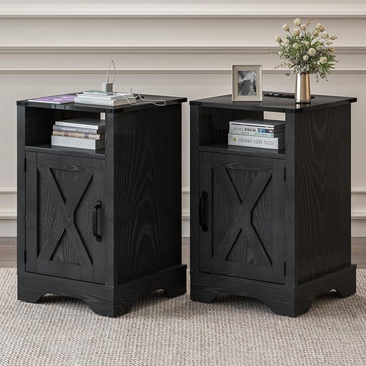 RoyalCraft 25" Tall Nightstand Set of 2, Farmhouse Nightstand with Charging Station, Large Wood End Table with Storage, Black Bedside Table for Bedroom